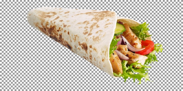 Tortilla-Wrap mit gebratenen Hühnern und Gemüse auf durchsichtigem Hintergrund