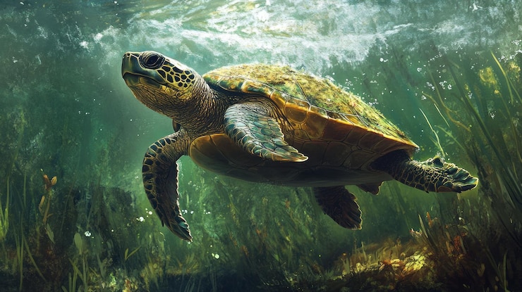 PSD une tortue marine nage gracieusement sous l'eau au milieu de plantes aquatiques vibrantes et de la lumière du soleil.