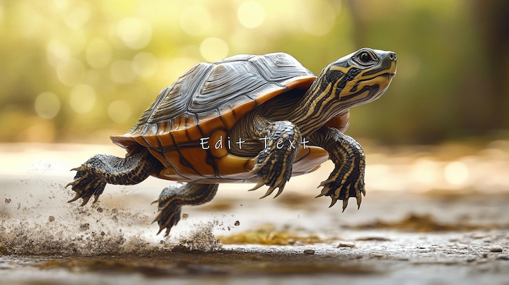 PSD una tortuga corriendo rápido por el suelo pateando el polvo