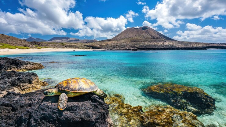PSD tortuga descansando en las rocas junto a una playa pintoresca
