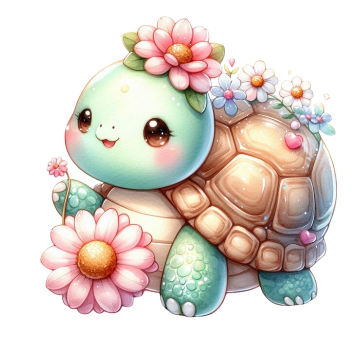 PSD una tortuga con flores en la cabeza y una flor en la espalda
