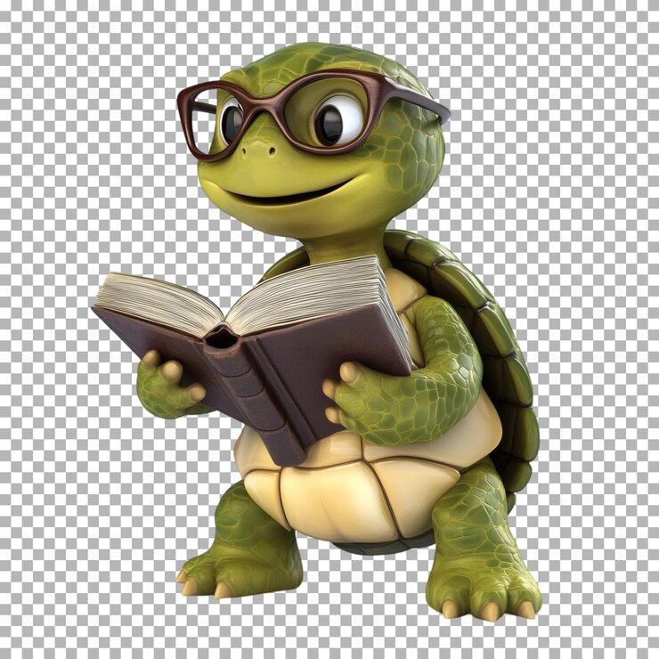 PSD tortuga inteligente leyendo un libro aislada sobre un fondo transparente