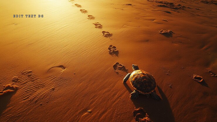 PSD tortuga marina arrastrándose por la playa de arena al atardecer siguiendo huellas