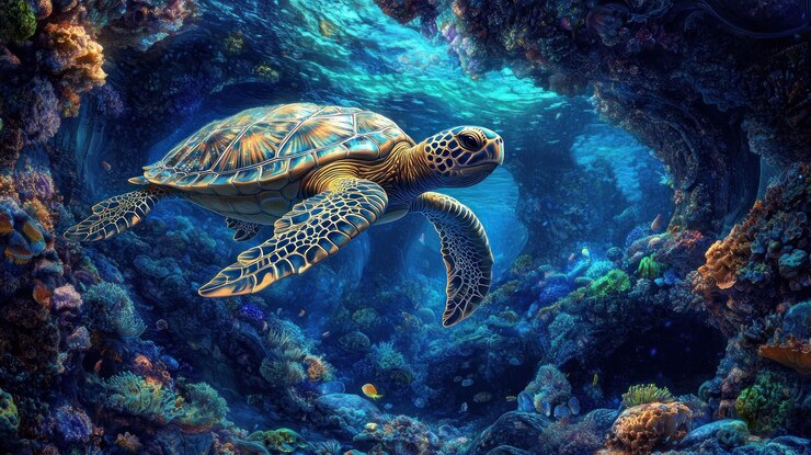 PSD tortuga marina nadando en una vibrante cueva de arrecife de coral