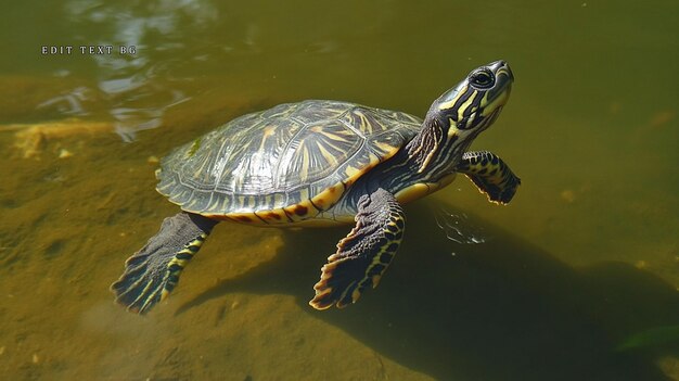 Una tortuga nada en aguas poco profundas y turbias su concha está modelada en rayas oscuras y claras