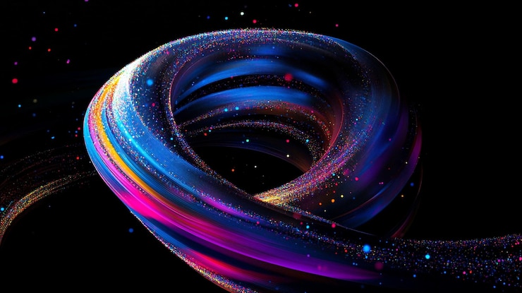 PSD torus 3d abstractamente giratorio de neón azul rosa y púrpura con partículas coloridas en un fondo negro