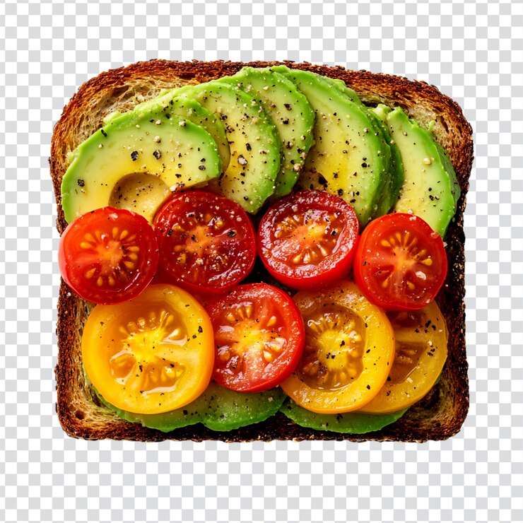 PSD tosta de aguacate orgánico con tomates cereza sobre un fondo transparente