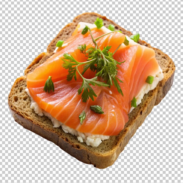 PSD tostadas con salmón sobre un fondo transparente