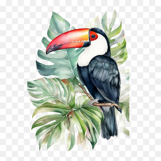 Un Toucan Assis Sur Une Branche Avec Des Feuilles Tropicales - Des Feuilles Tropicales Png Télécharger