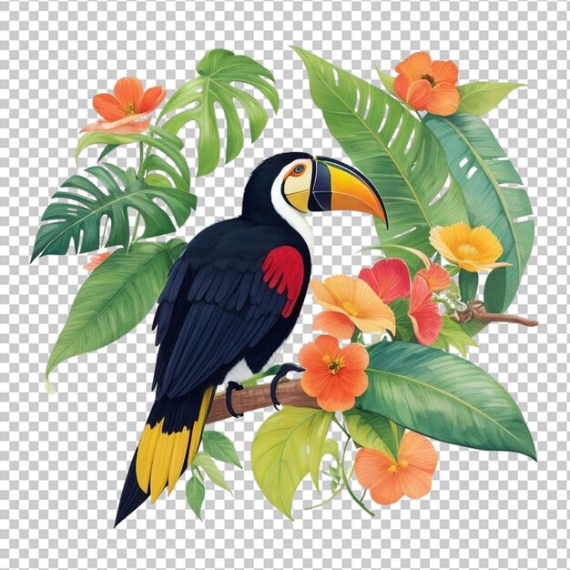 Un Toucan Dans La Jungle Sur Une Branche Parmi Les Fleurs