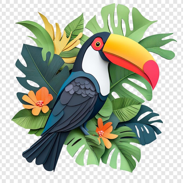 PSD el toucán en hojas tropicales, arte en papel