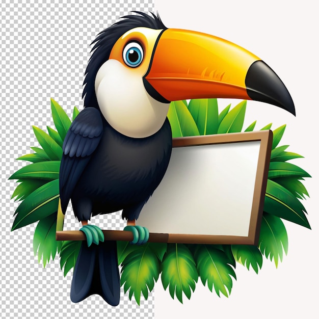 PSD un toucan avec un panneau blanc sur un fond transparent