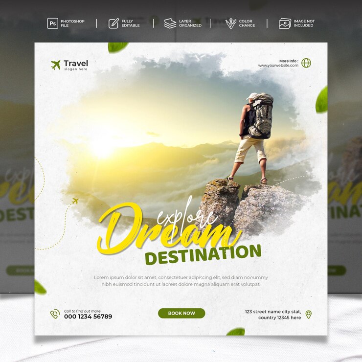 Tour di vacanze da sogno e avventure di viaggio sui social media, modello di progettazione di post su Instagram e Facebook