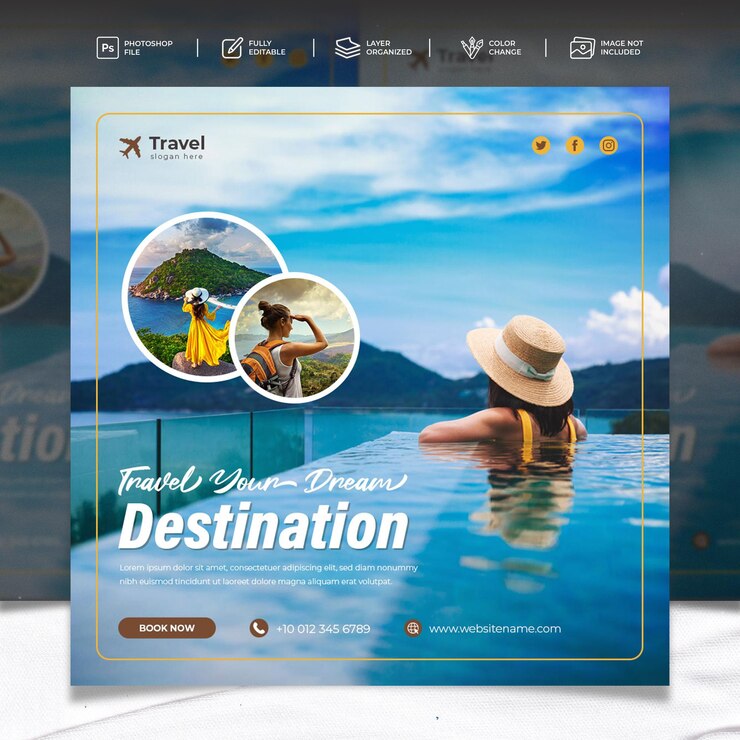 Tour di vacanze da sogno e avventure di viaggio sui social media, modello di progettazione di post su Instagram e Facebook
