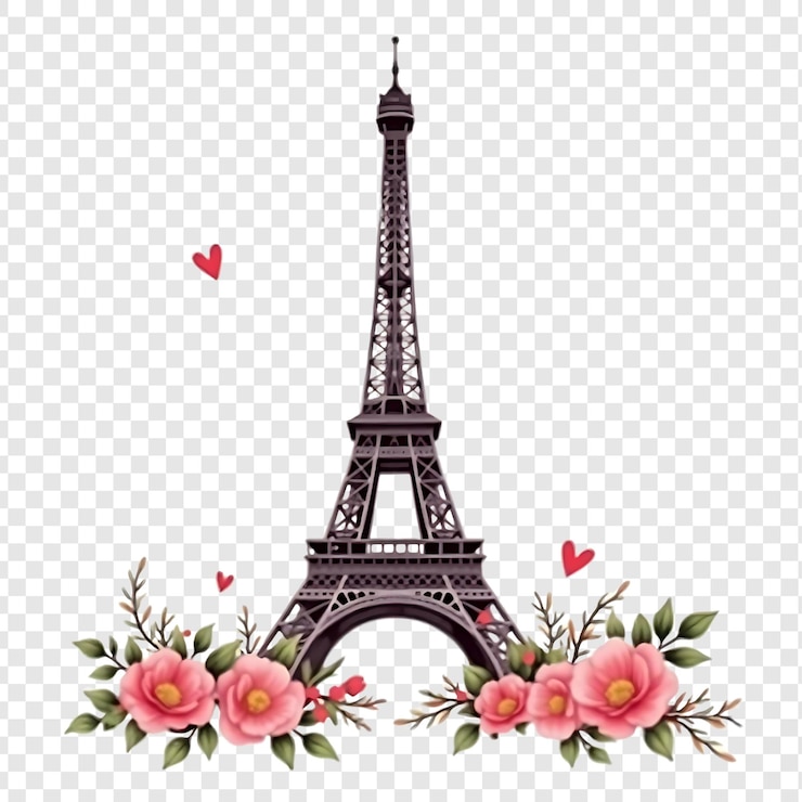 PSD la tour eiffel avec des fleurs et des cœurs sur un fond blanc