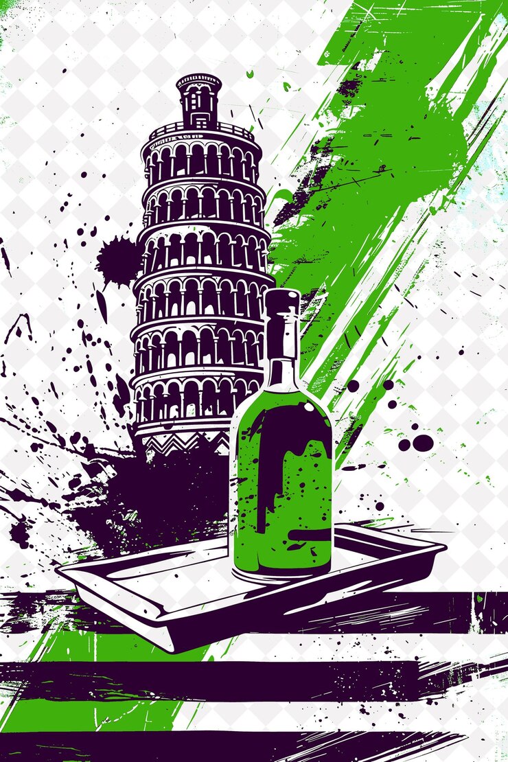 PSD la tour penchée de pise avec des plateaux de lasagne et une huile d'olive rouge italie design d'illustration culturelle
