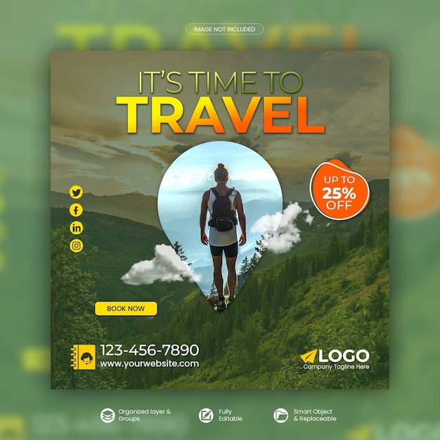 Tour- und Reise-Instagram-Post oder Social-Media-Post-Vorlage Premium-PSD