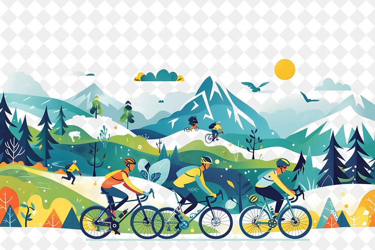 PSD tour de vélo de printemps avec des cyclistes appréciant la route pittoresque du festival de png illustrations d'art plat 2d