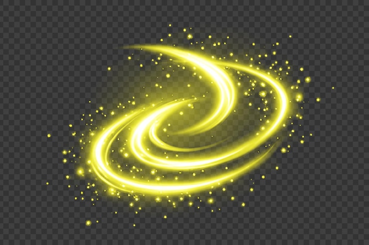 PSD tourbillon de lumière jaune brillant avec effet de particule isolé sur un fond transparent