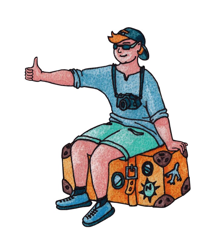 PSD tourist sitting on suitcase watercolor clipart of happy male traveler summer vacation character