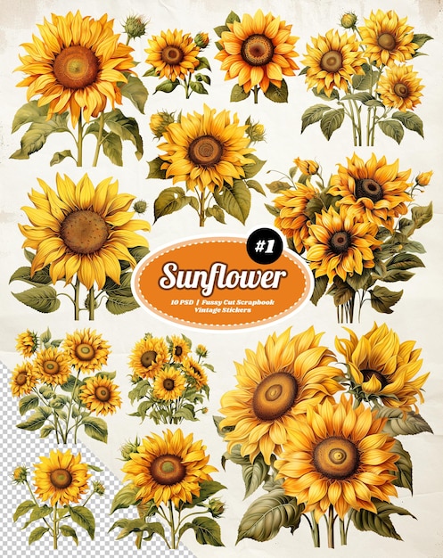 Les tournesols, les journaux, les autocollants vintage, les éléments de scrapbooking.