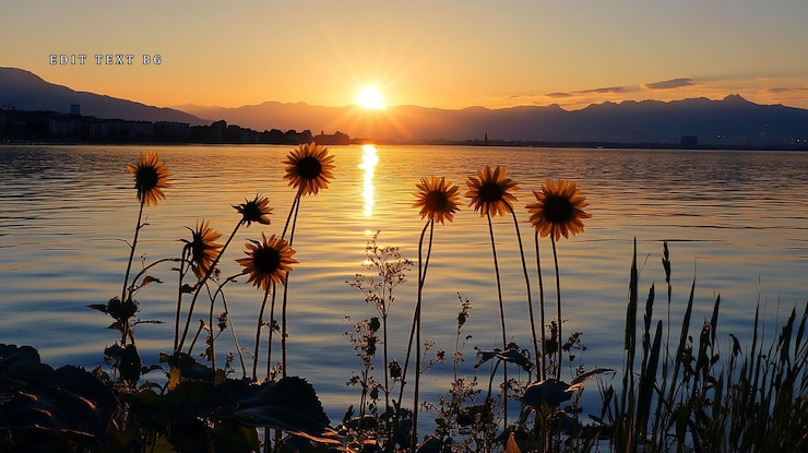 PSD des tournesols en silhouette sur un coucher de soleil vibrant au-dessus d'un lac calme et de montagnes éloignées