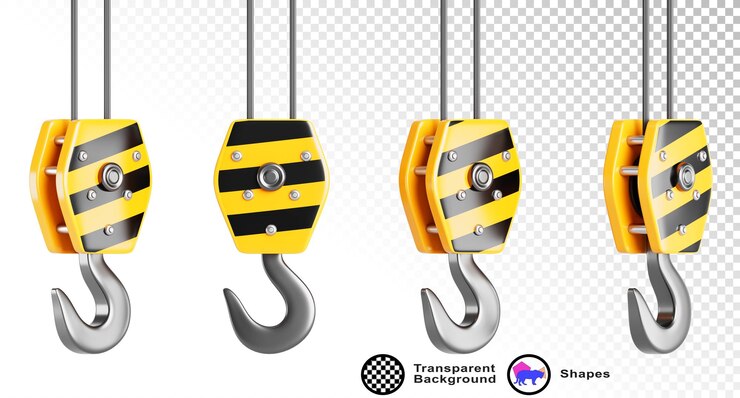 PSD tower crane hook on steel cable in different angles isolated heavy industrial lifting equipment construction hanging cargo hook with black and yellow stripes realistic render set