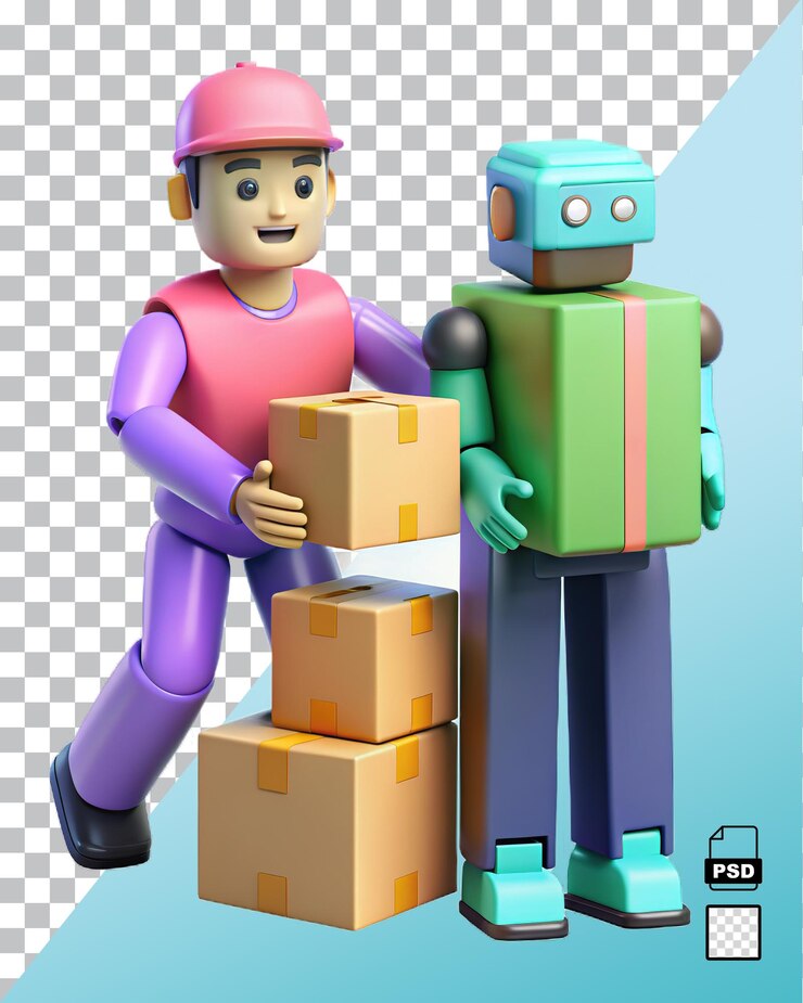 PSD trabajador 3d y robot con cajas de entrega