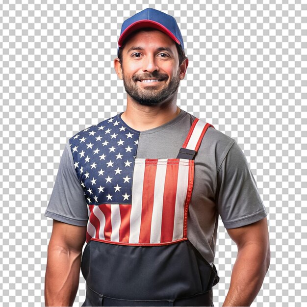 PSD trabajador con camiseta con bandera estadounidense de color de fondo transparente