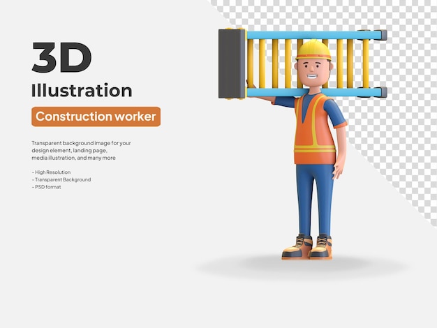 PSD trabajador de la construcción con casco de seguridad y chaleco sosteniendo la escalera 3d render ilustración