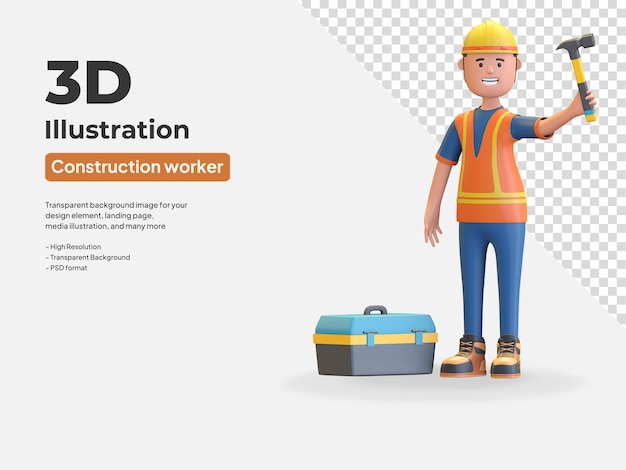 PSD trabajador de la construcción con casco de seguridad y chaleco sosteniendo un martillo y una caja de herramientas 3d render ilustración