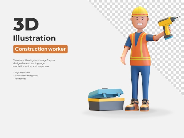 Trabajador de la construcción con casco de seguridad y chaleco sosteniendo la pistola de perforación 3d render ilustración
