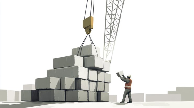 PSD trabajador de la construcción colocando bloques de hormigón con una grúa