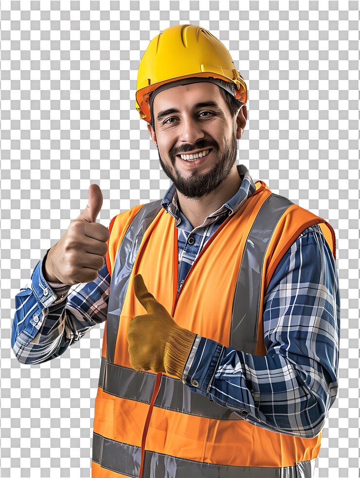 PSD trabajador de la construcción confiado pulgares hacia arriba aislado contra un fondo transparente