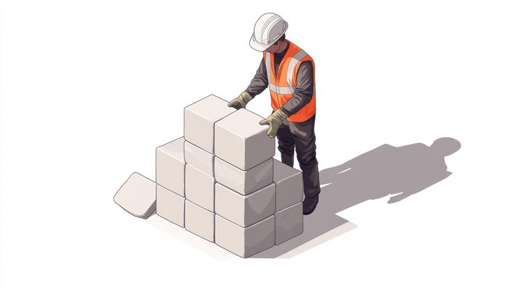 PSD trabajador de la construcción construyendo una pared con bloques