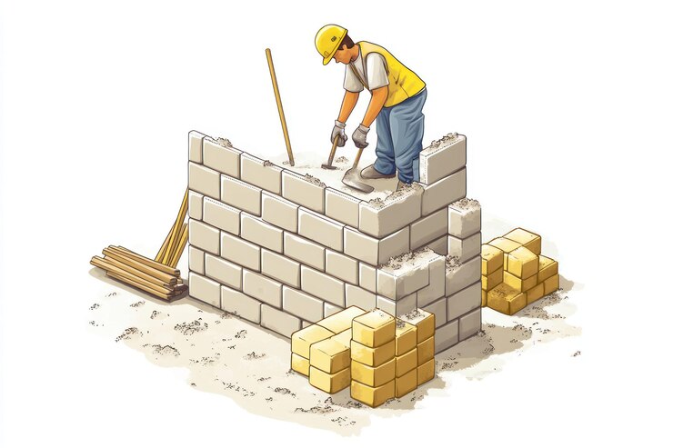 PSD trabajador de la construcción construyendo una pared de ladrillo