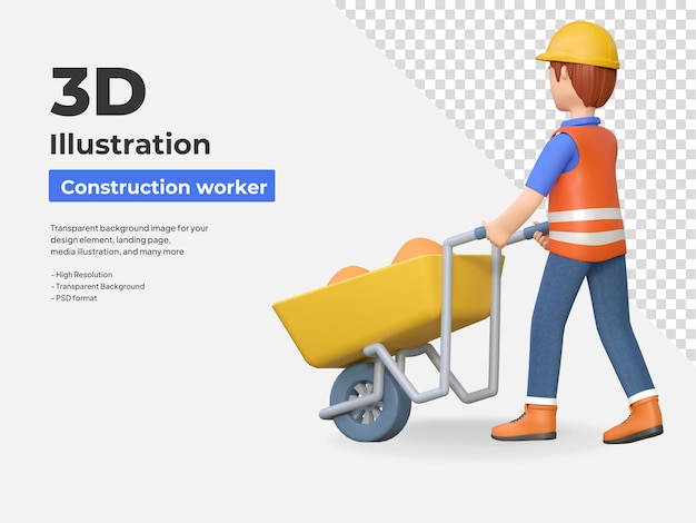Trabajador de la construcción empujando una carretilla ilustración de personajes de dibujos animados en 3d