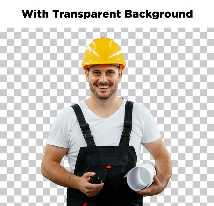 PSD un trabajador de la construcción feliz con planos y casco