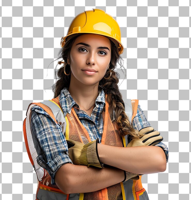 PSD trabajador de la construcción ingeniero y mujer feliz en chaleco y casco en un fondo transparente