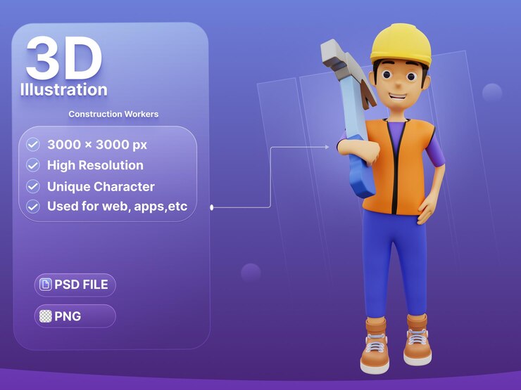 PSD trabajador de la construcción masculino de carácter 3d sosteniendo un martillo