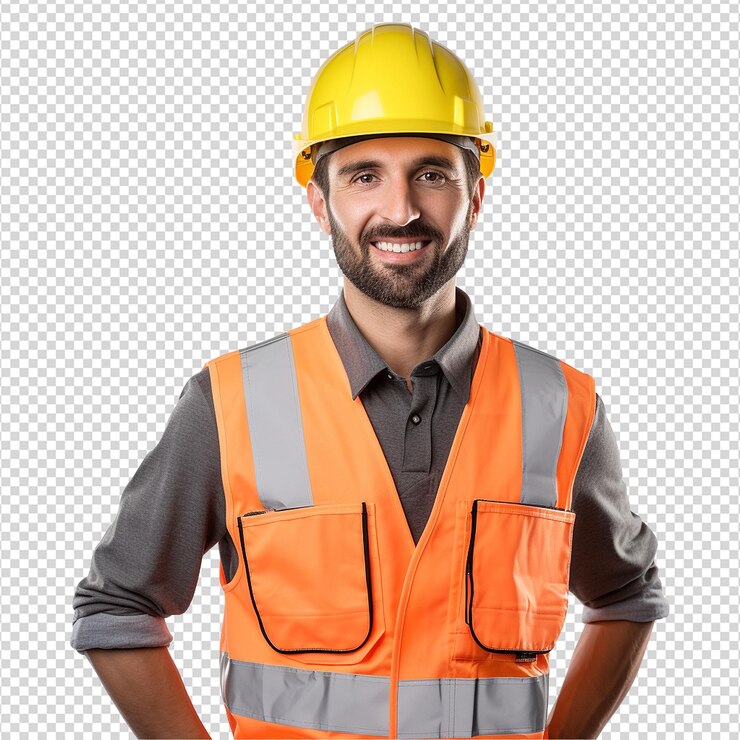PSD trabajador de la construcción masculino con casco aislado sobre un fondo transparente