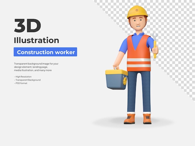 PSD trabajador de la construcción que lleva la llave inglesa ilustración de personajes de dibujos animados en 3d