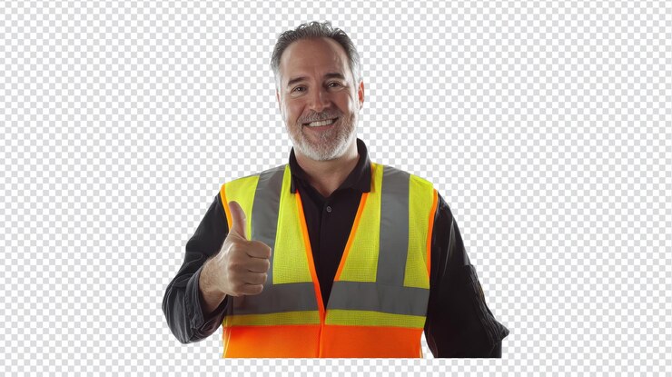 PSD un trabajador de la construcción sonríe y da un pulgar mientras lleva un chaleco reflectante en un entorno brillante