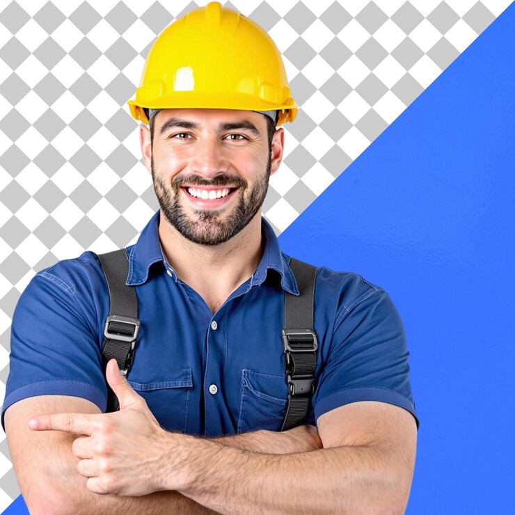 PSD trabajador de la construcción sonriente con equipo de protección aislado sobre un fondo transparente