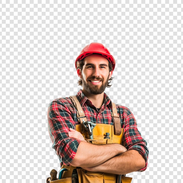 Trabajador de la construcción sonriente en un fondo transparente