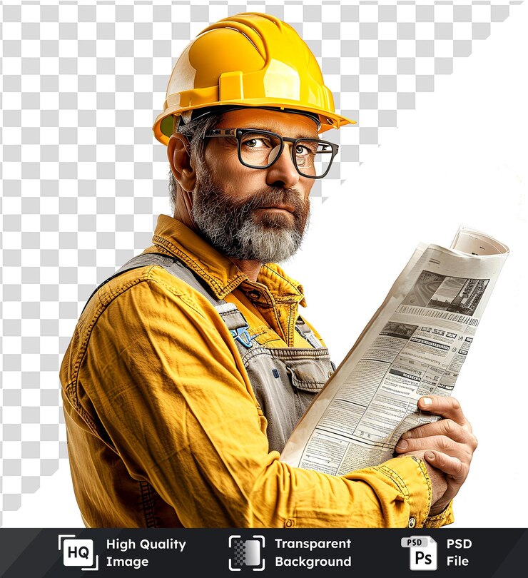 PSD trabajador de la construcción sosteniendo un periódico en un psd transparente