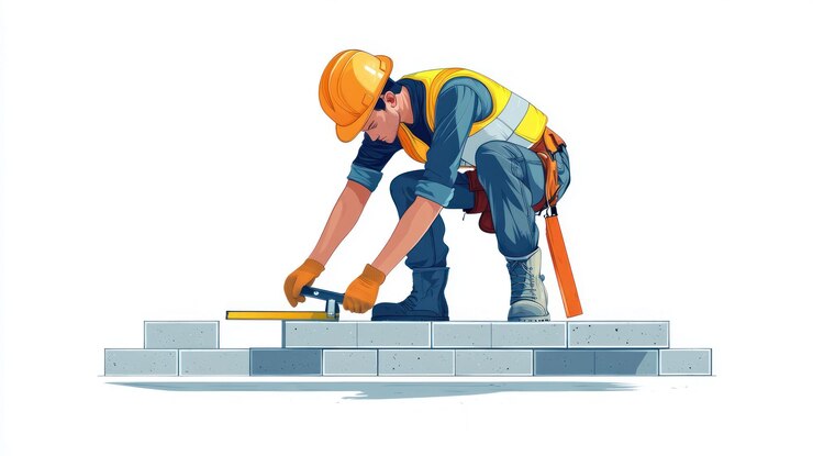 PSD trabajador de la construcción usando el nivel para colocar ladrillos