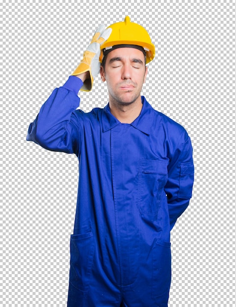 Trabajador deprimido sobre fondo blanco