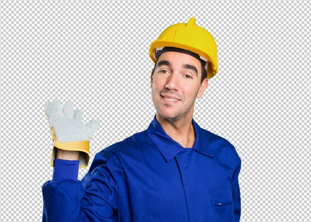 Trabajador feliz dando la bienvenida en el fondo blanco