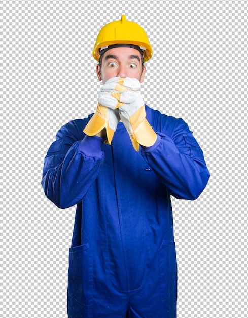 Trabajador feliz con gesto de trabajo en equipo sobre fondo blanco